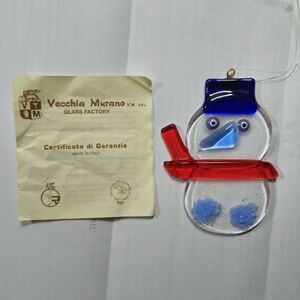 Murano Glass Snowman Hanging Christmas Ornament Clear Hand Blown Italy 4”